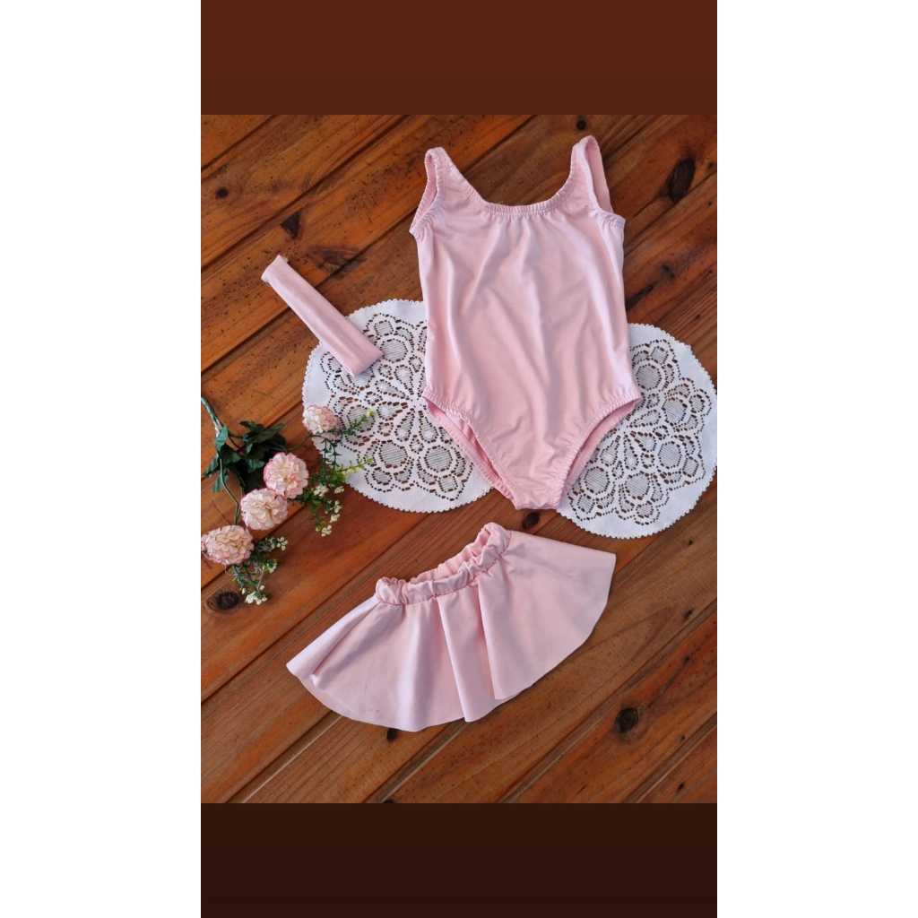 Conjunto ballet rosa bb, 3 peças em suplex infantil. Collant em Regata.