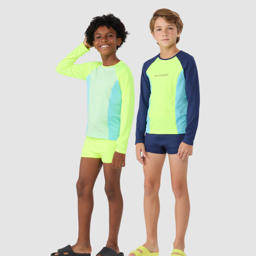 Conjunto Infantil Masculino Praia UV50+ Suplex Raglan Tricolor