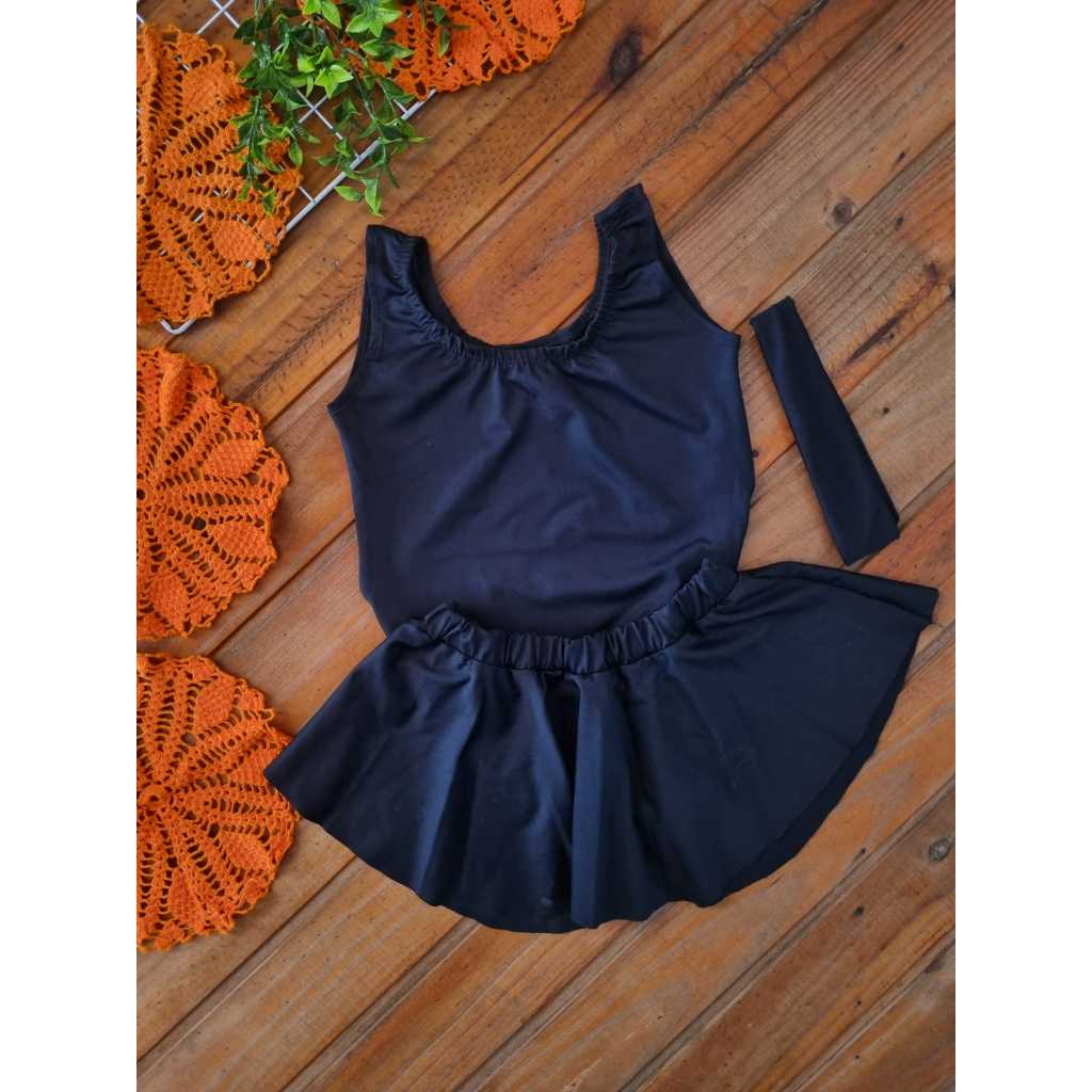 Kit 3 peças collant, saia e faixa cabelo preta suplex para ballet. Veste tamanho 08 - 9 anos.