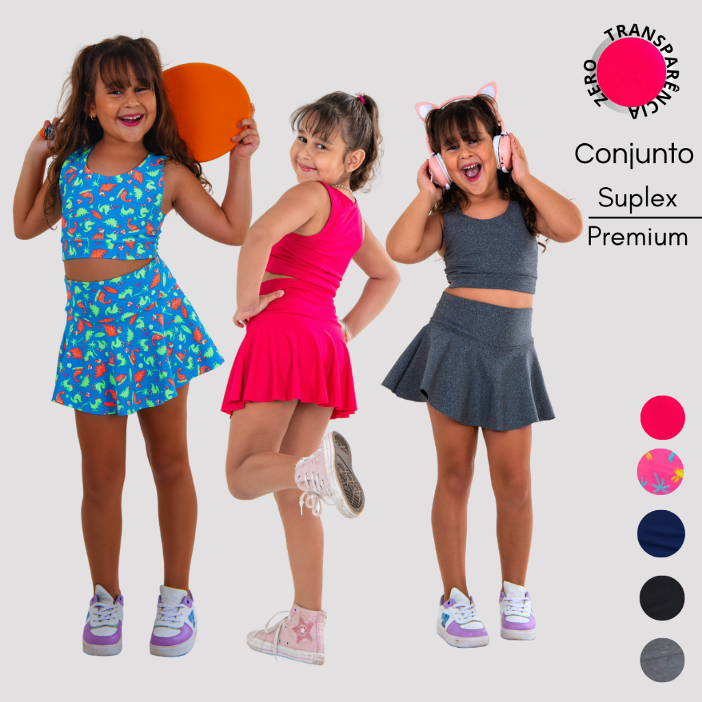 Conjunto Infantil Short Saia + Top Sem Bojo Suplex Ginástica Menina