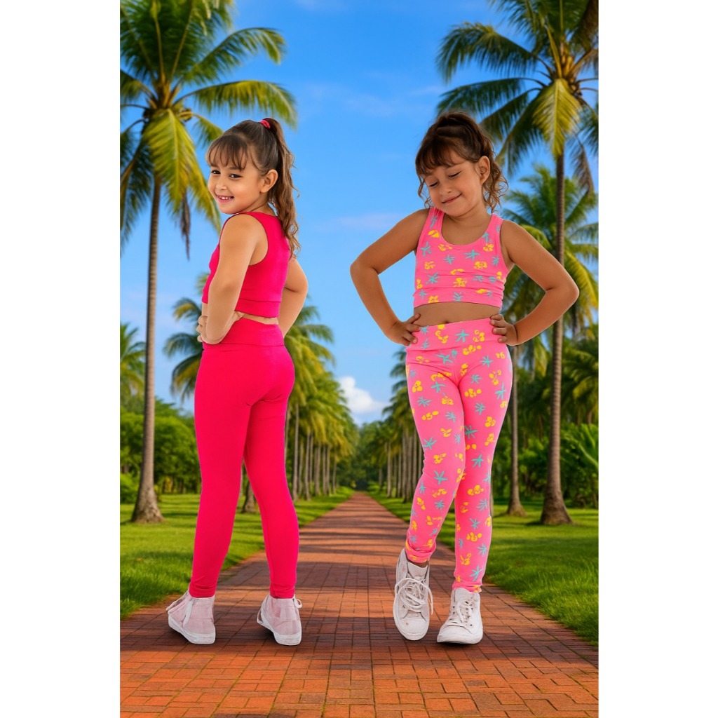 Kit 2 Conjunto Esportivo Infantil Calça Legging + Top Sem Bojo Súplex Lisa Menina