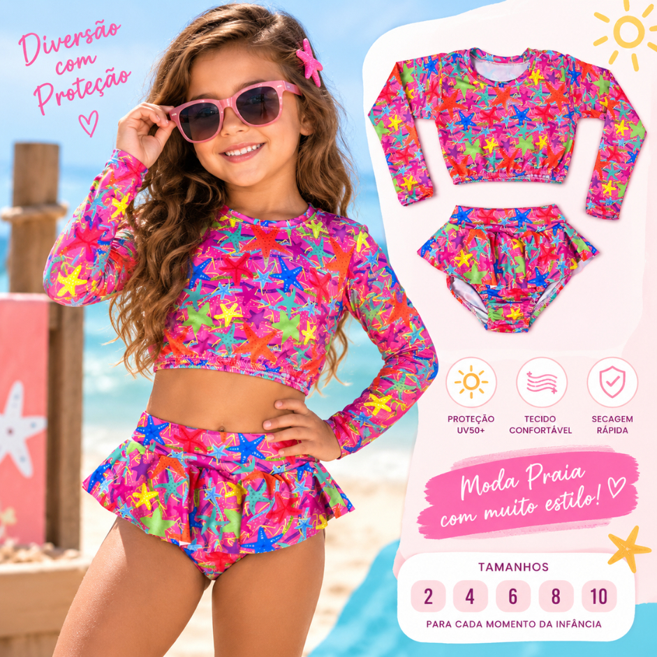 Biquini Infantil Conjunto Top Manga Longa e Calcinha Proteção UV  Suplex Premium Moda Praia