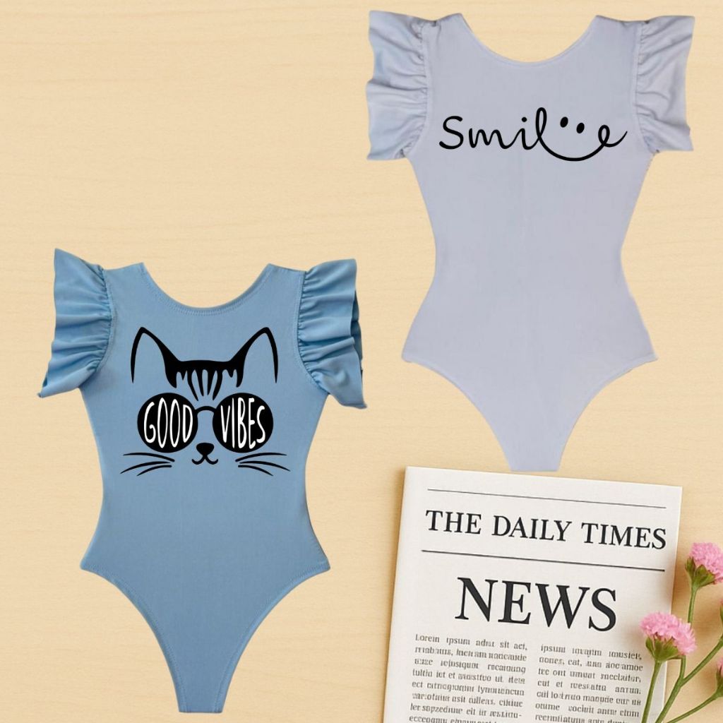 Conjunto Infantil 2 Body Regata Babado Verão Mini Diva Estampa Gato Smile Moda Infanto Juvenil Confortável Suplex
