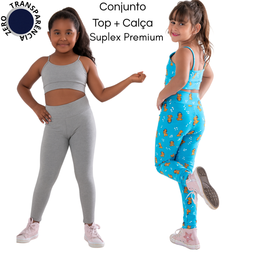 Kit 2 Conjunto Calça Legging + Top Sem Bojo Infantil Suplex Lisa Menina Uniforme e Lazer