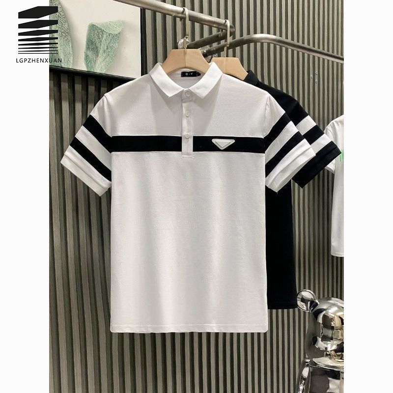 Camisa Polo Masculina Listrada Gola Reversa Manga Curta Verão Casual Versátil Uso Diário