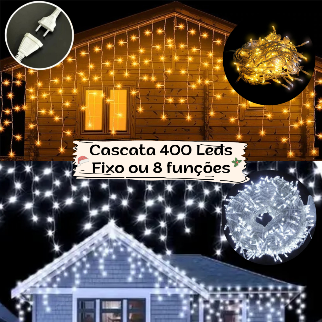 Cascata 400 Led Branco Quente Frio Fixa Funções Pisca Pisca Natal Decoração 10m Com Conector Prova D'água