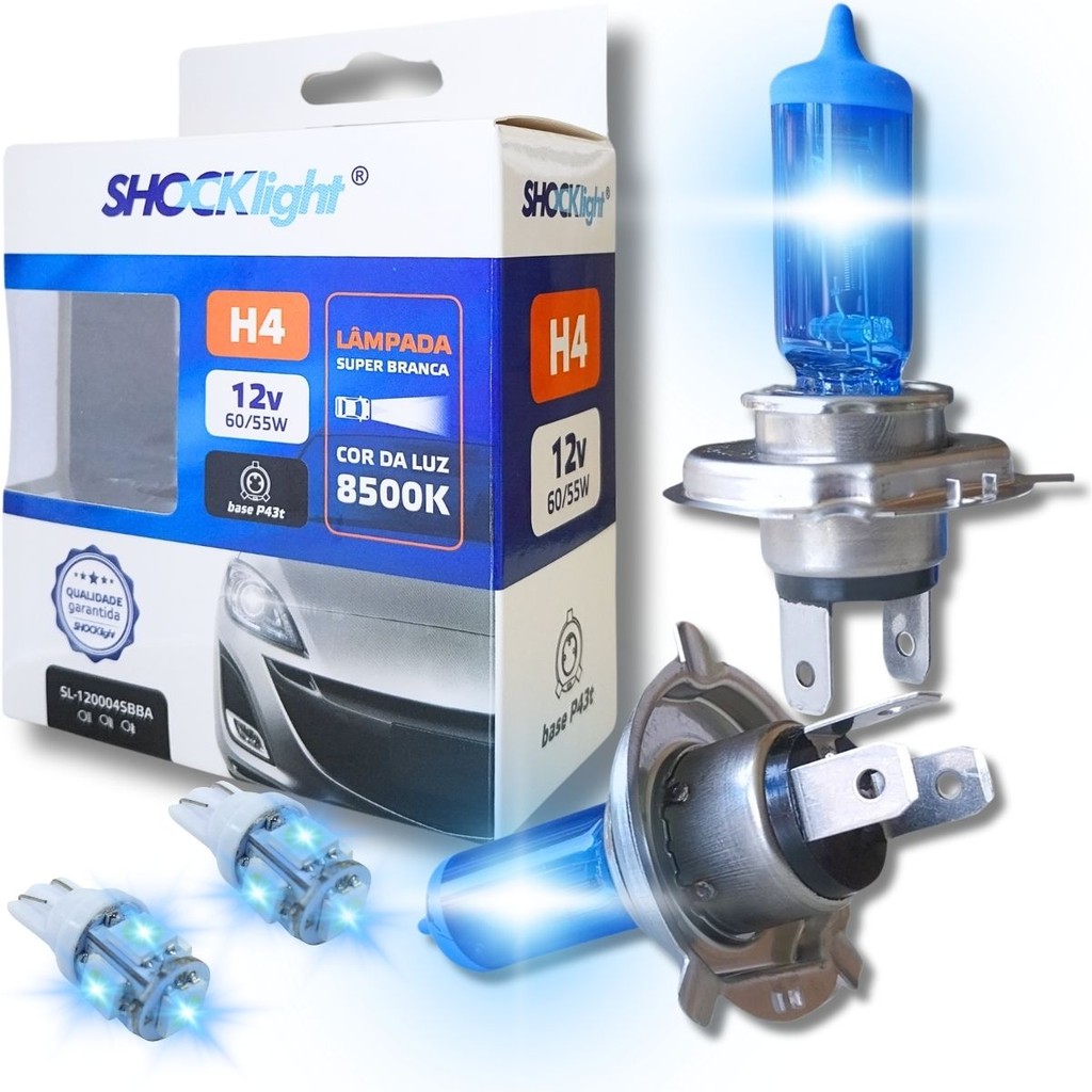 KIT PAR LÂMPADAS SUPER BRANCA CONECTOR H4 8500K SHOCKLIGHT + LED PINGO CONECTOR T10 COMBO UNIVERSAL
