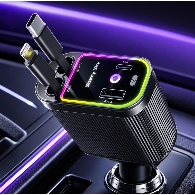 Carregador Veicular Retrátil 4 Em 1 Tipo-C iOS Starlight RGB Preto