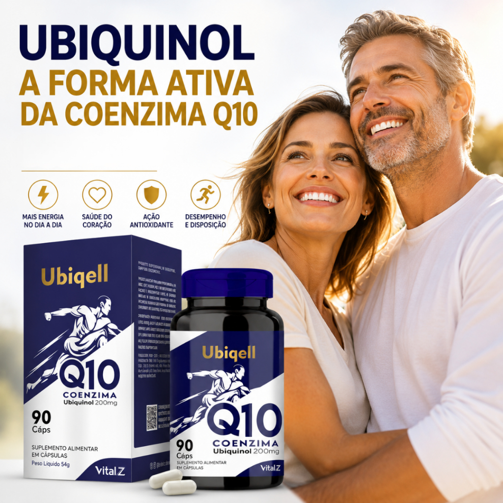 Ubiqell Coenzima Q10 Ubiquinol 200mg 90 Cáps FORMA ATIVA Pronta Absorção Antioxidante Coração Energia