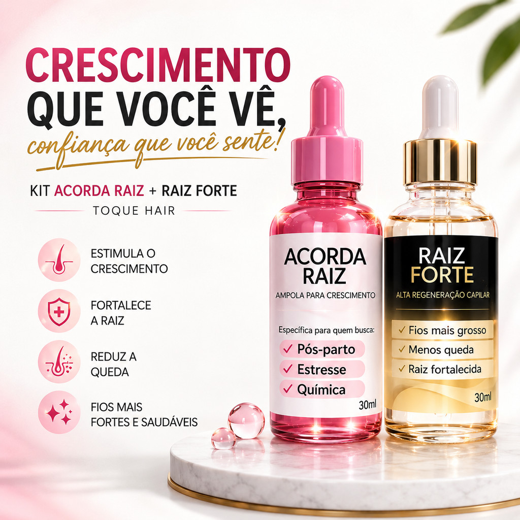 Kit Ampolas Capilares Acorda Raiz + Raiz Forte – Crescimento Saudável, Fios Mais Fortes e Menos Queda