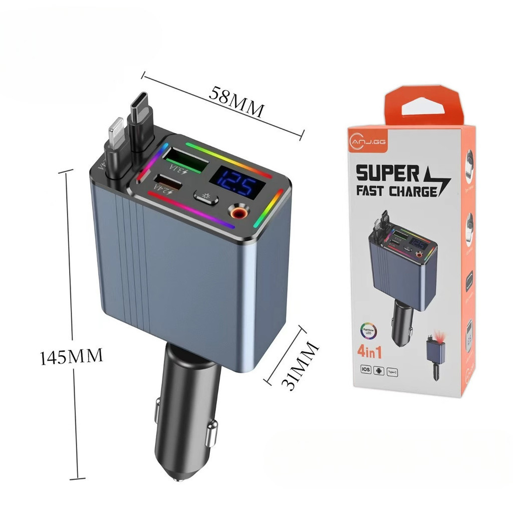 Carregador Veicular 4 em 1 Super Rápido — USB + Tipo-C + Cabos Embutidos | Display LED | 36W Fast Charge jorge