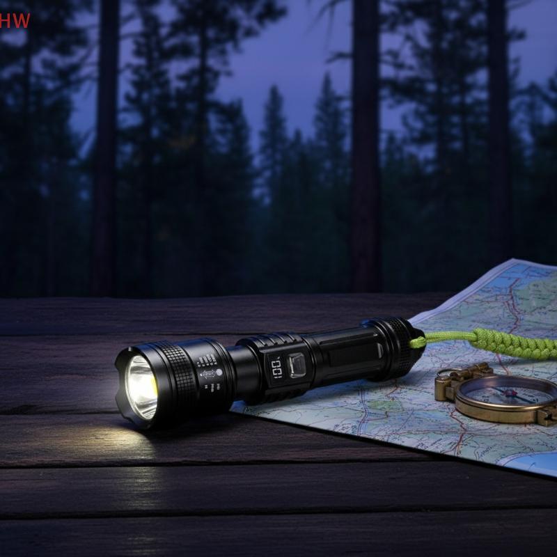 Lanterna LED De Alta Intensidade Com Zoom Telescópico De 5 Modos Display Digital Qui Charge Para Segurança Doméstica