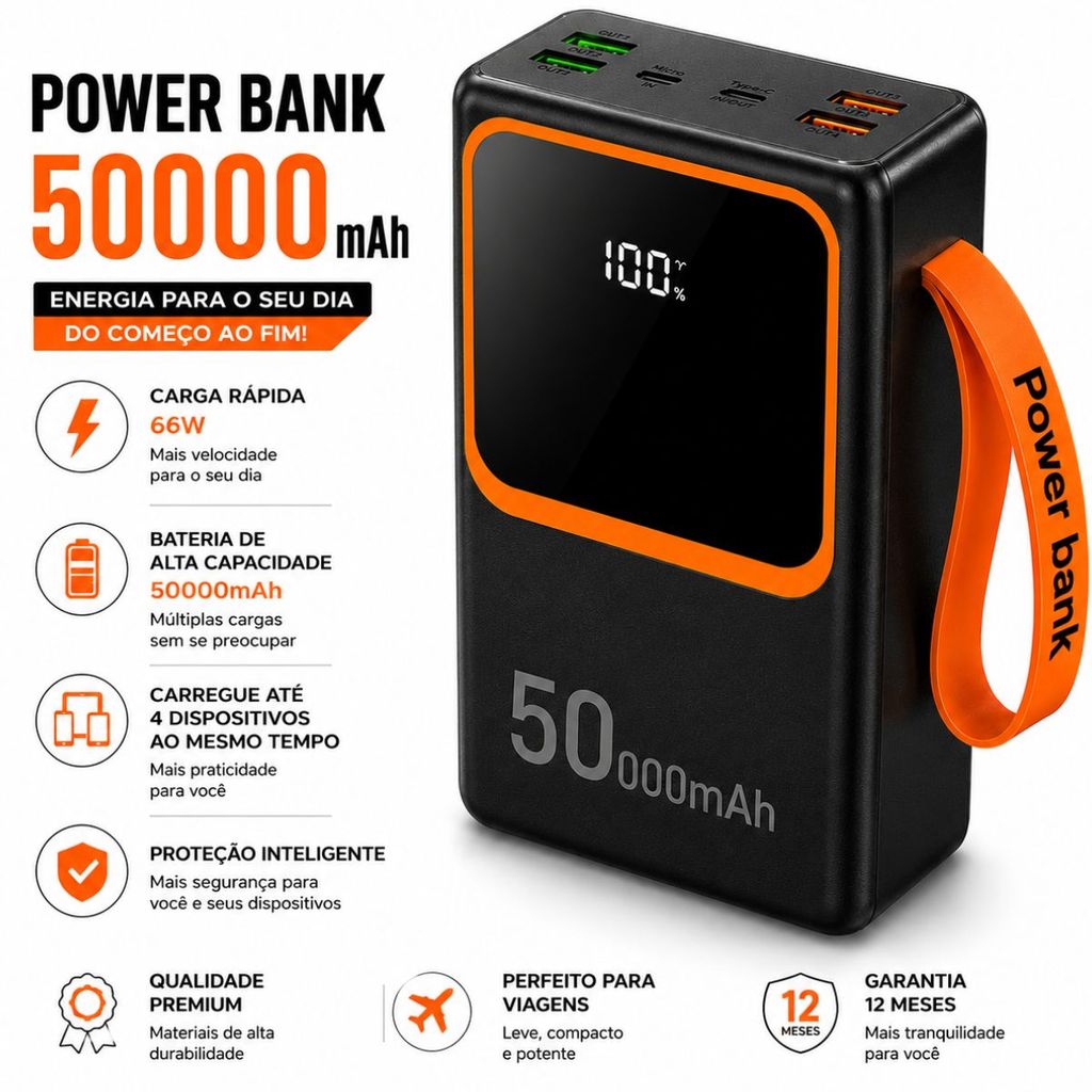 Carregador Power Bank 50000mAh 66W Quick Charge Display Led USB-C Para Celular Tablet Uber Delivery
