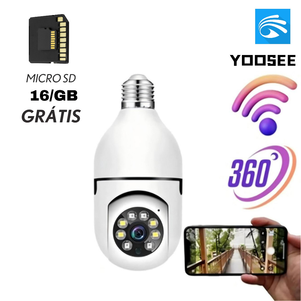 Câmera wifi ip sem fio giratória 360 com encaixe lampada bocal rosca ptz full HD visão noturna segurança+MICROSD 16GB