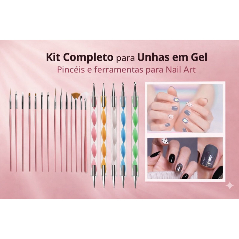 Kit Completo Unhas em Gel 15 Pincéis Profissionais + Ferramentas para Nail Art Ideal para Alongamento