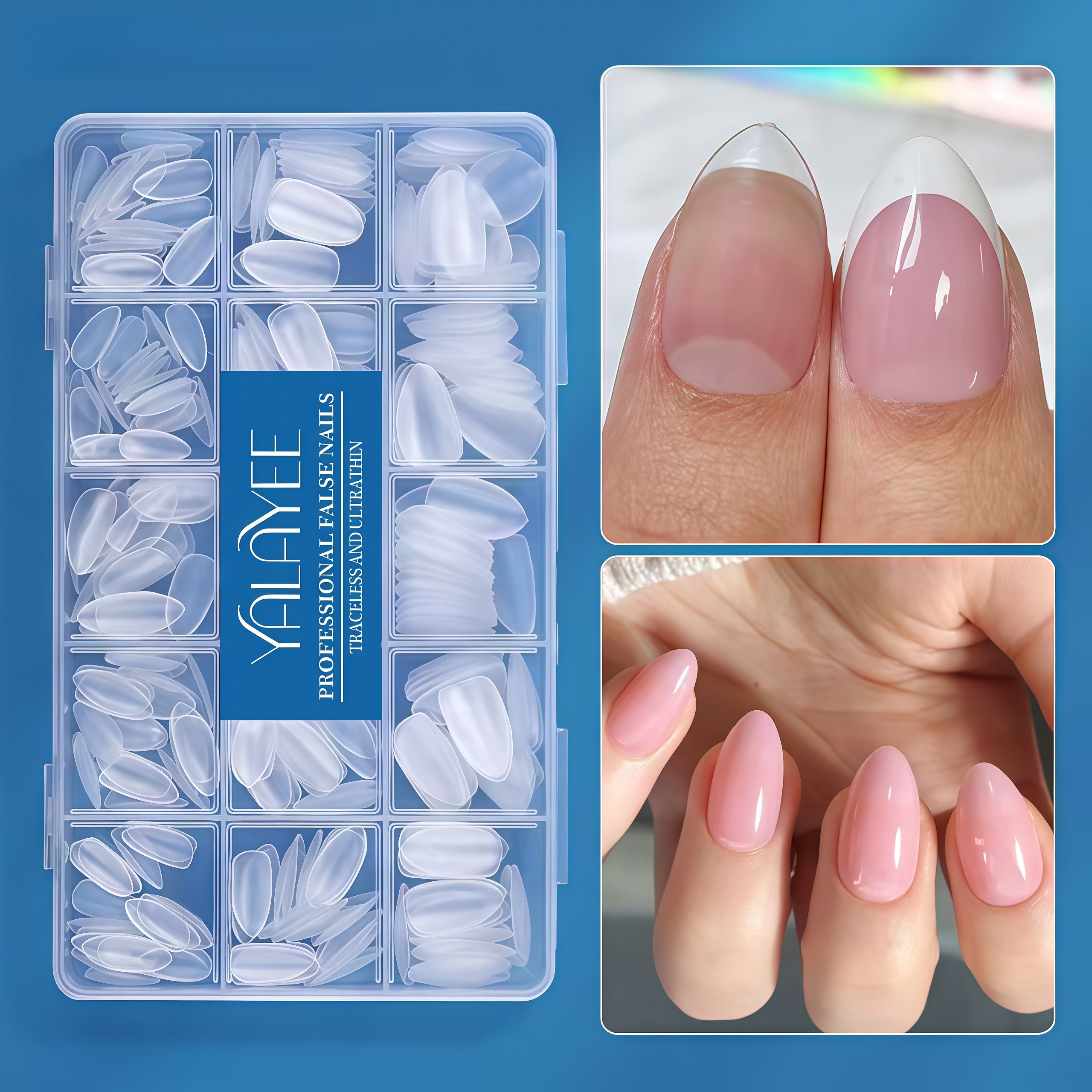 Caixa com 300 peças de unhas postiças curtas de cobertura total para alongamento, ideal para unhas pequenas e planas.