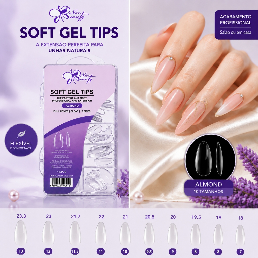 KIT 120 Unhas Postiças Soft Gel Almond Transparente – 10 Tamanhos, Ideal para Alongamento Profissional