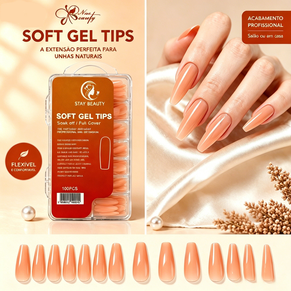 KIT 108 Unhas Postiças Soft Gel Almond – 10 Tamanhos, Ideal para Alongamento Profissional Para Alongamento e Decoração