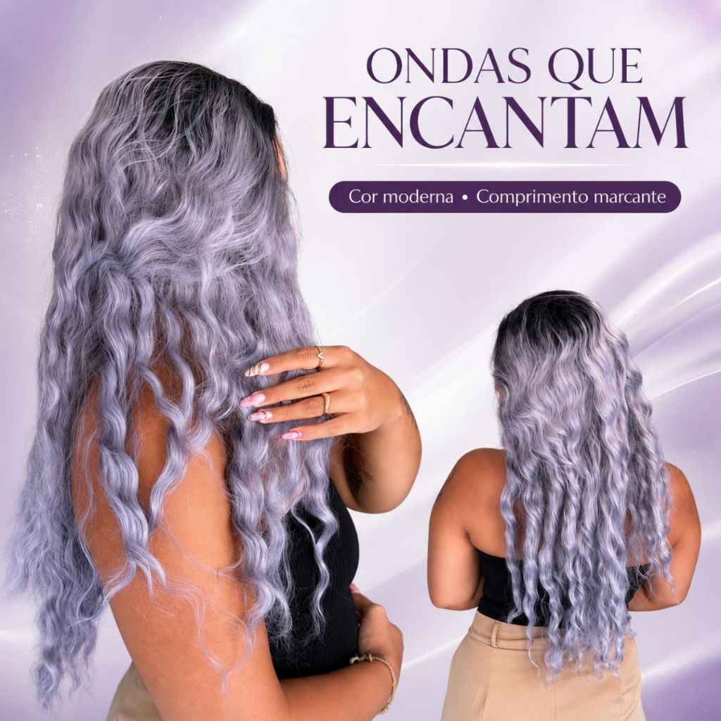 Lace Front Longa Platinada Cacheada Orgânica Fibra Premium Aspecto Humano Natural