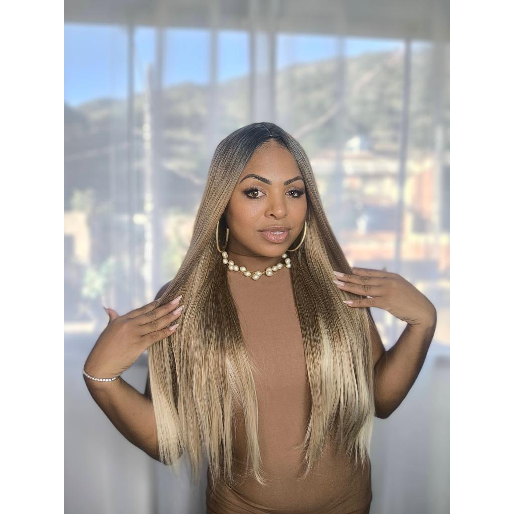 Peruca Lace Orgânica Morena iluminada Lisa Longa Pronta Entrega