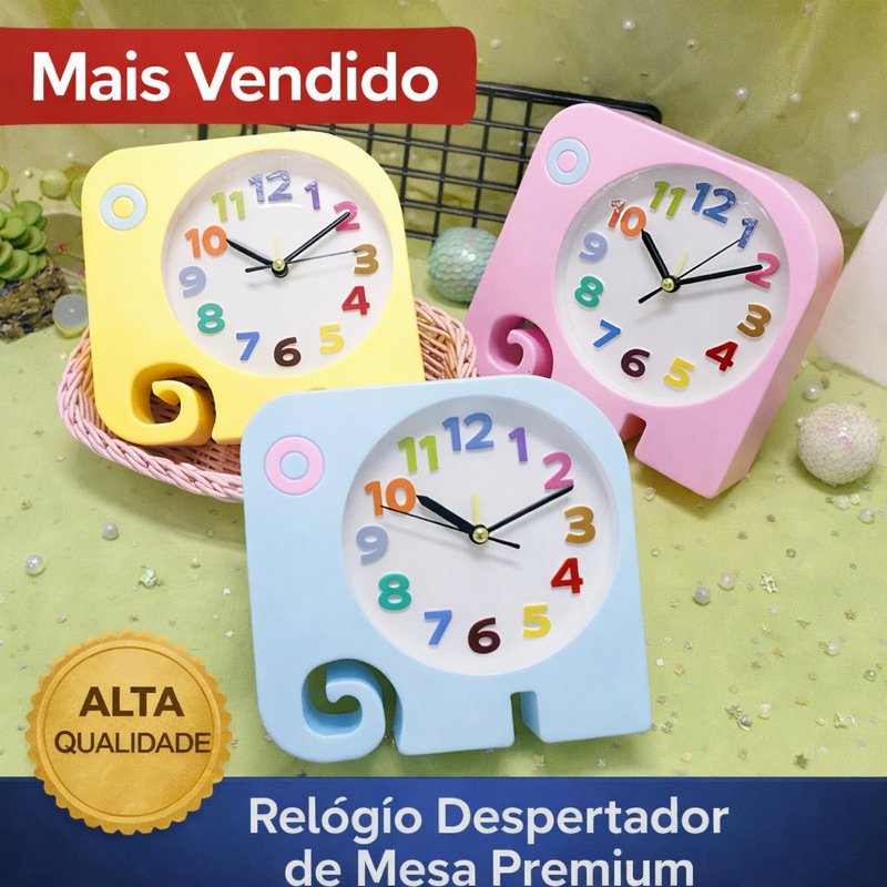 Relógio De Mesa Quarto Infantil Decorativo Elefante Despertador Alarme Cabeceira Re-05 E