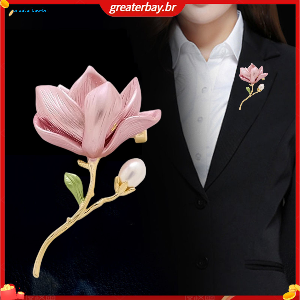 Magnolia Flower Brooch Zinc Alloy with Faux Pearl Elegant Lapel Pin for Sweater Cardigan Coat Business Suit Stylish Men