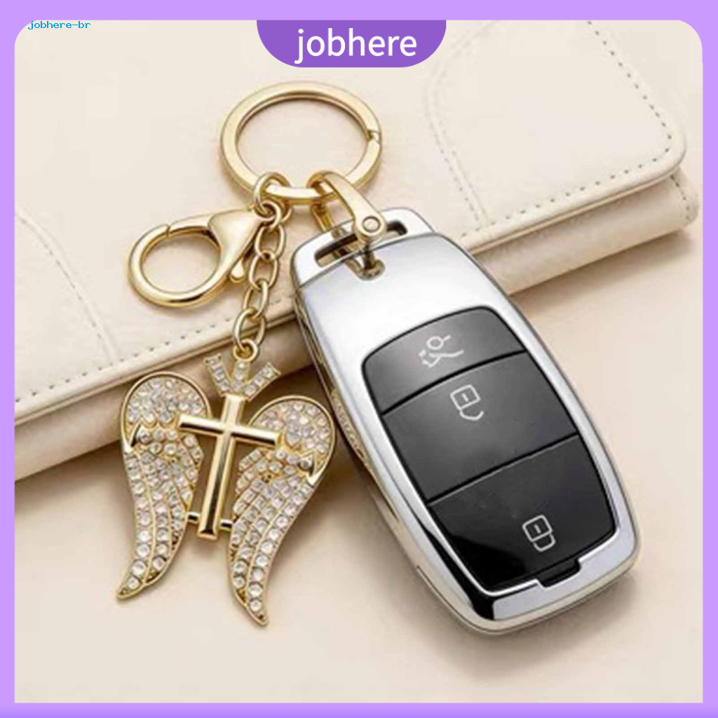 Double Buckle Keychain Angel Wings Pendant with Sparkling Rhinestones Zinc Alloy Durable Key Holder Stylish and Versatil