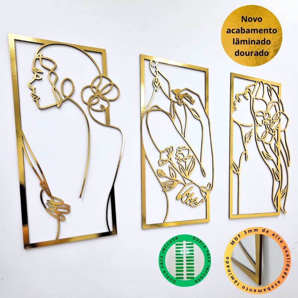 Kit Quadros Decorativos Femininos Mulher Curvas Delicadas Floridas Face Decoração Elegante MDf 3mm