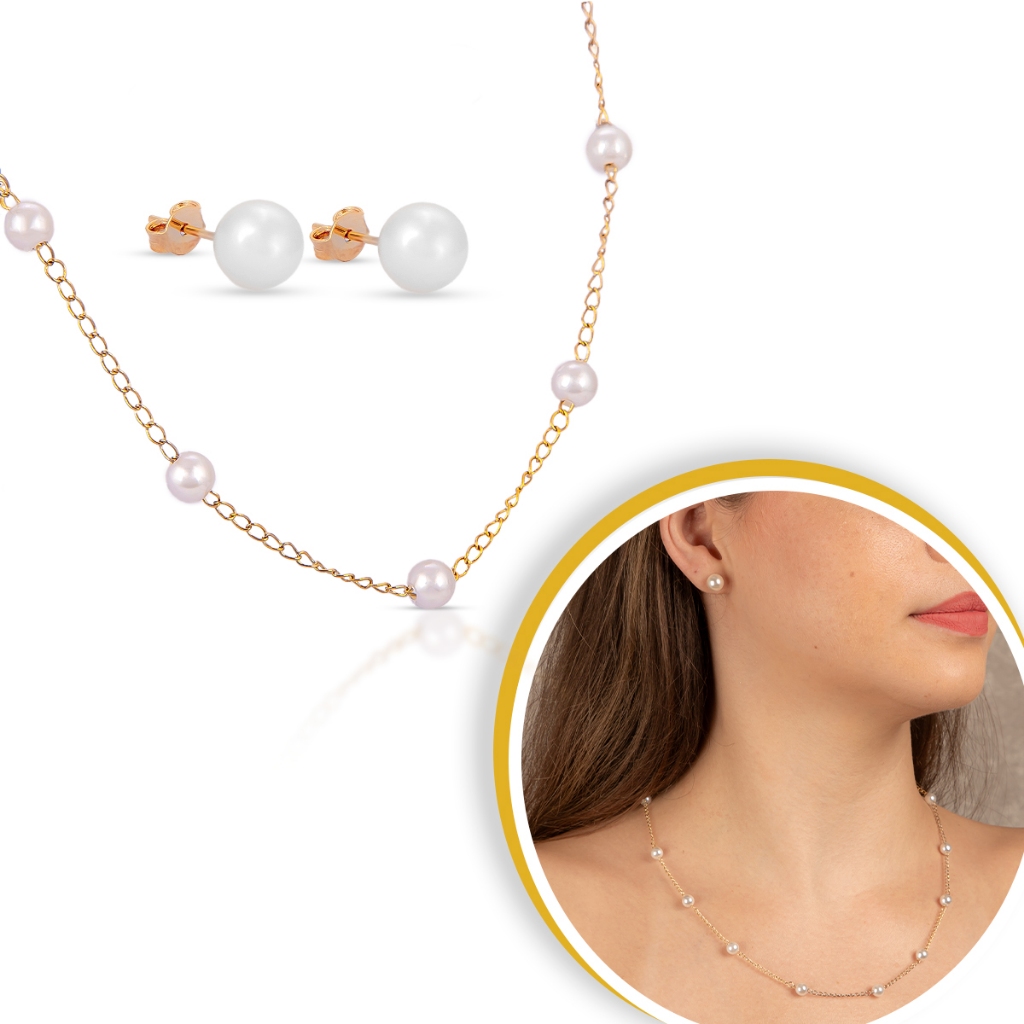 Conjunto Feminino Colar + Brinco Pérolas Banhado a Ouro Mulher Elegante