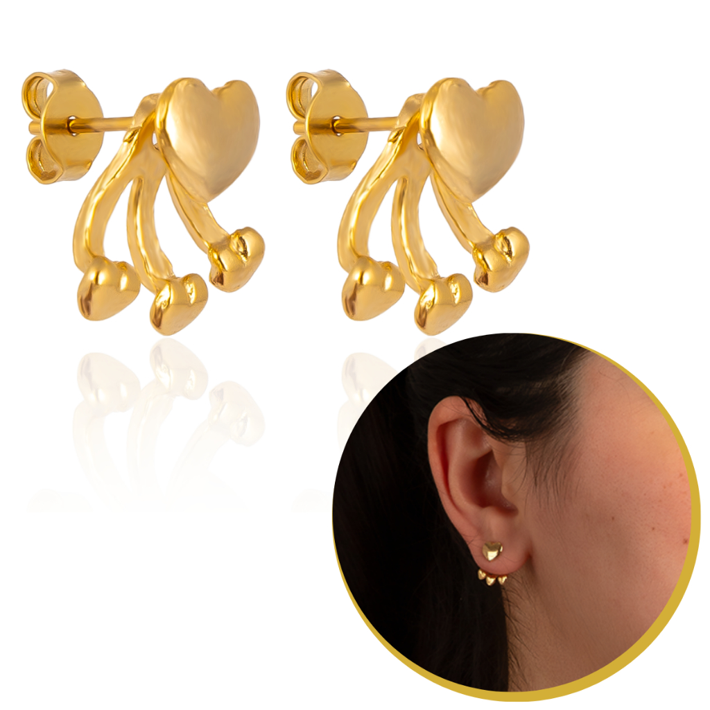 Brinco Feminino Dourado 4 Corações Elegante Moda Mulher Banhado