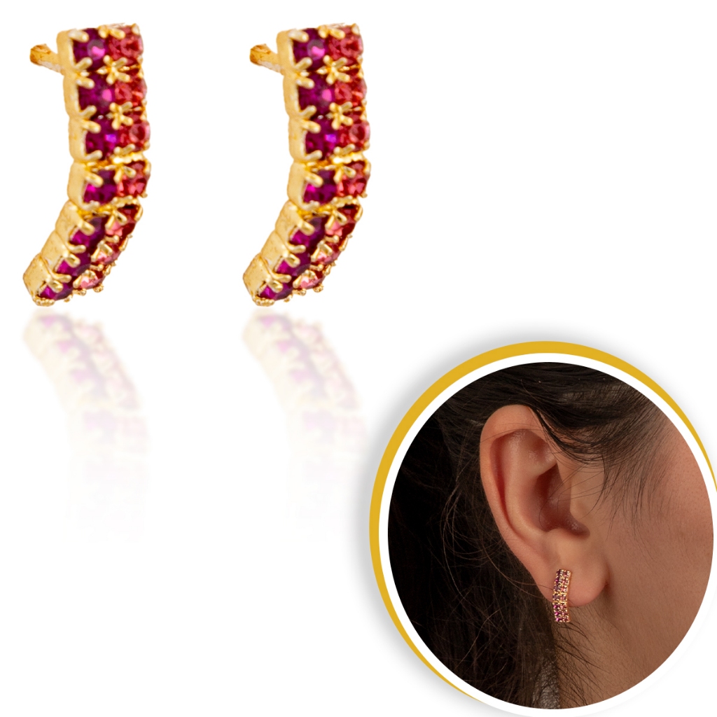 Brincos Banhado a Ouro Cravejado Rosa Pedra Zircônia Elegante Para Mulher
