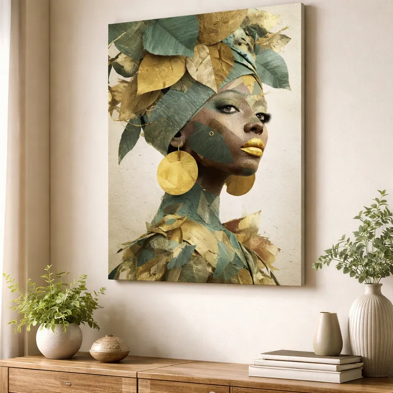 Quadro Decorativo Lindo Mulher Com Folhas Abstrato Elegante Para Escritório Sala Hall Grande