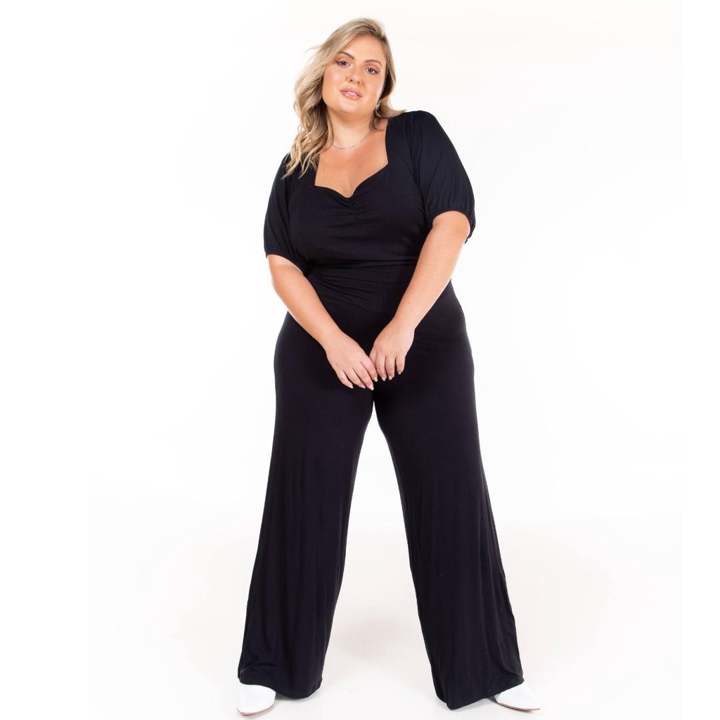 Macação Feminino Plus Size Decote Quadrado Pantalona Moda MUlher  Moderna E Elegante