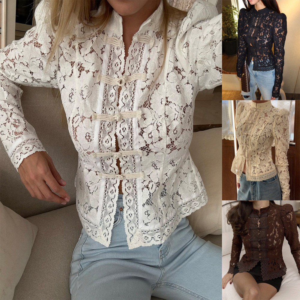 Camisa Elegante De Crochê De Renda Com Gola Alta E Ajuste Fino Para Mulheres