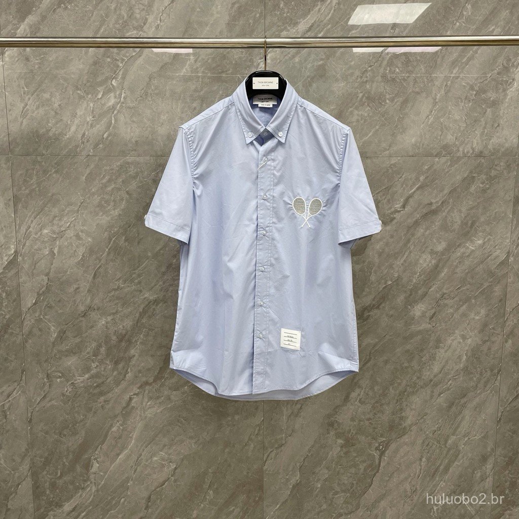 HUXO Summer new poplin fabric short-sleeve shirt with tennis racket embroidery on the chest, stylish, casual, and simple