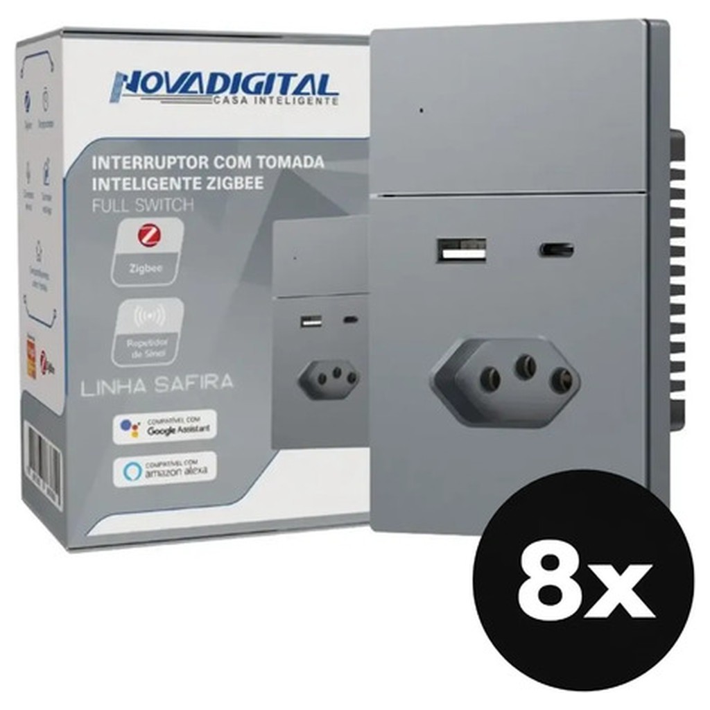 Kit 8 Interruptor Inteligente Tomada USB Tipo C NovaDigital Safira Cinza ZigBee Alexa Google