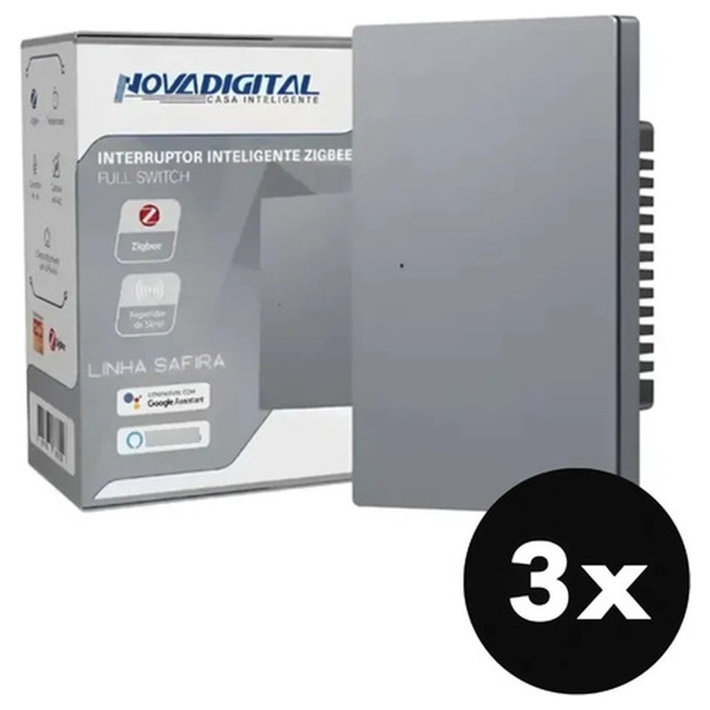 Kit 3 Interruptor Inteligente Nova Digital SA-1 Safira ZigBee 3.0 Vidro Temperado 100-240V Alexa Google Tuya SmartLife