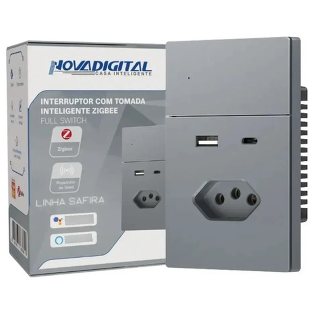 Interruptor Inteligente Novadigital Safira 1 Sessão Tomada 10/20A USB Tipo C Cinza Compatível Alexa Google