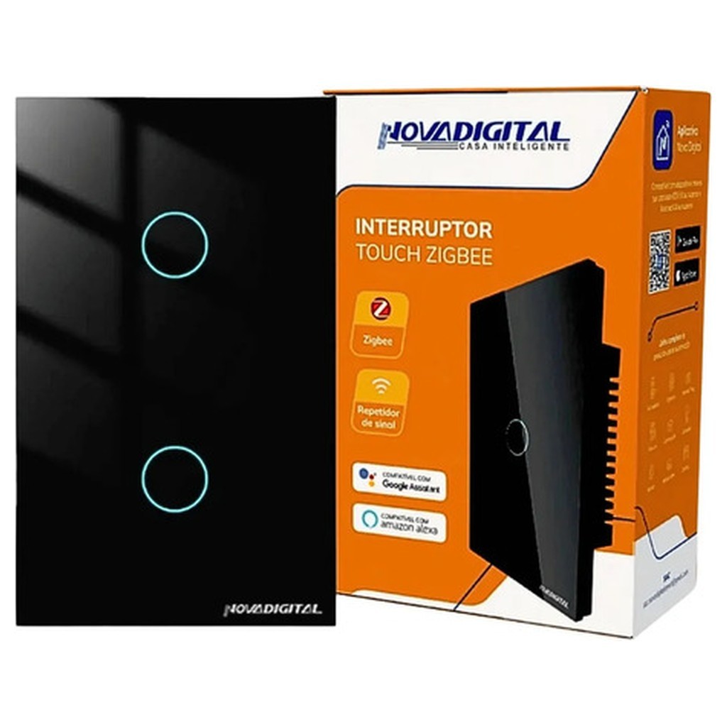 Interruptor Touch Zigbee Novadigital 2 Botões Preto Alexa Google SmartLife Tuya 100-240V