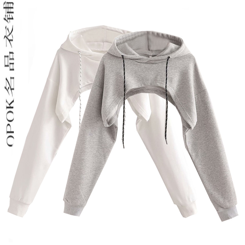 Design sentido pulôver meio corte Ultra-curto com capuz de manga comprida moletom europeu americano primavera outono blu