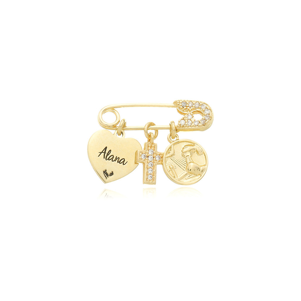 Alfinete Cruz e Batismo Personalizado Prata 925 banho Ouro 18k