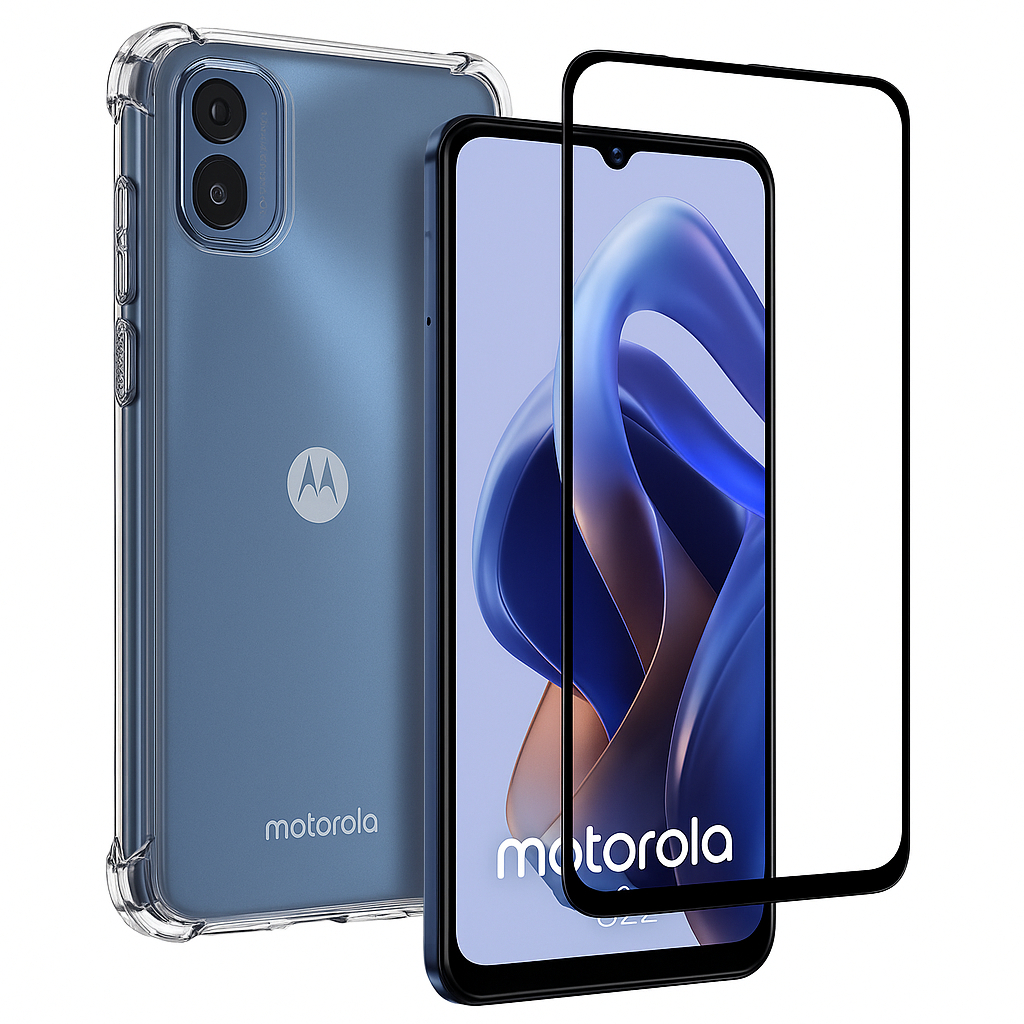 Capa Silicone TPU Anti-Shock + Pelicula de Vidro 3D Motorola E22
