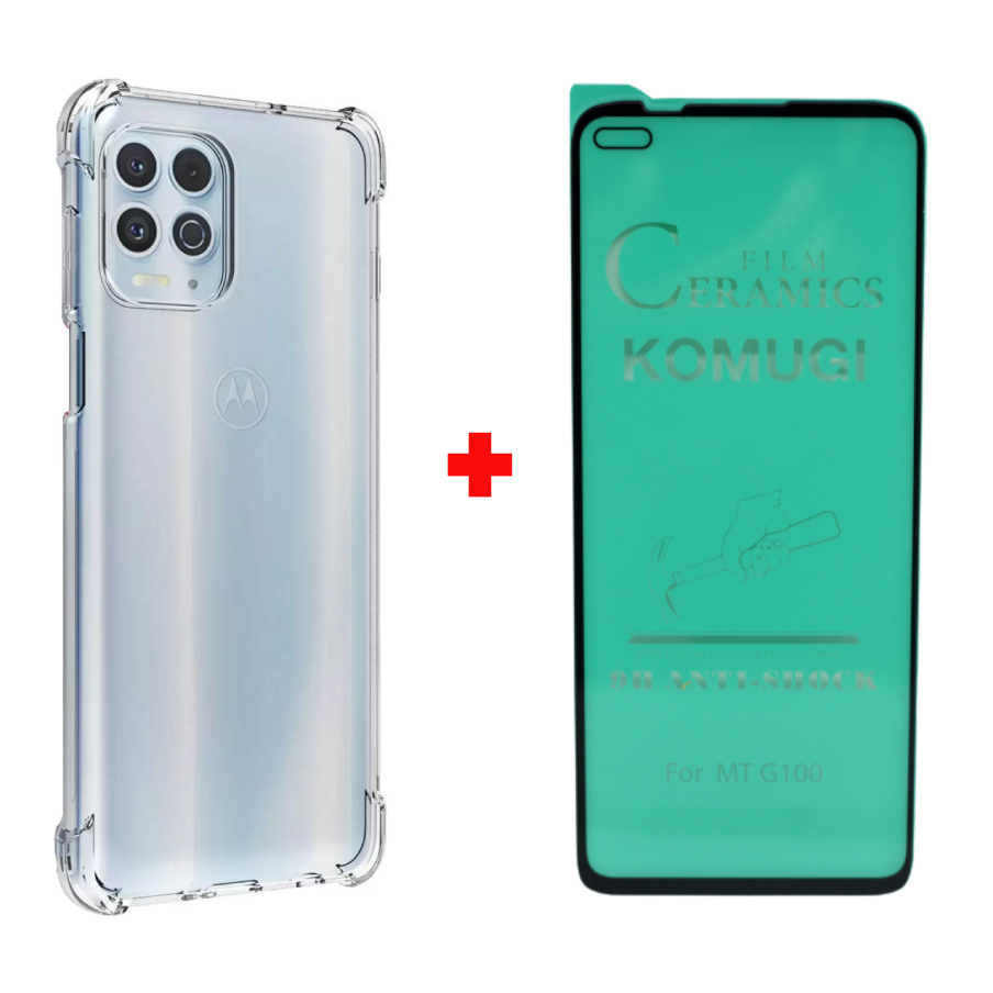 Kit Capa Capinha Case Anti Impacto Shock Para Moto G100 Proteção Silicone Transparente + Pelicula de Ceramica Flexivel