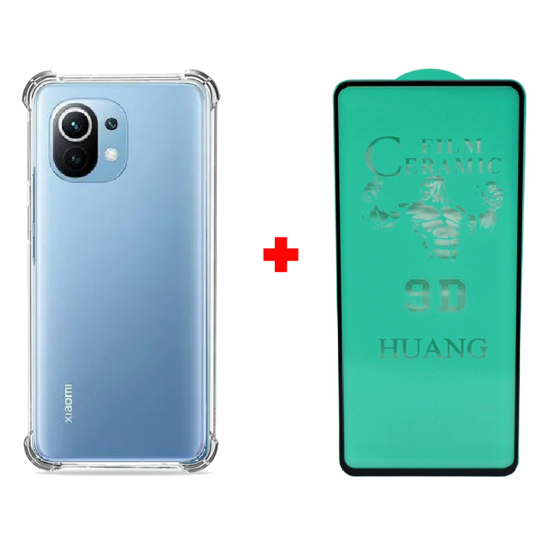 Kit Capa Capinha Anti Impacto Para Xiaomi 11 Lite Air Bag Silicone Transparente + Pelicula de Ceramica