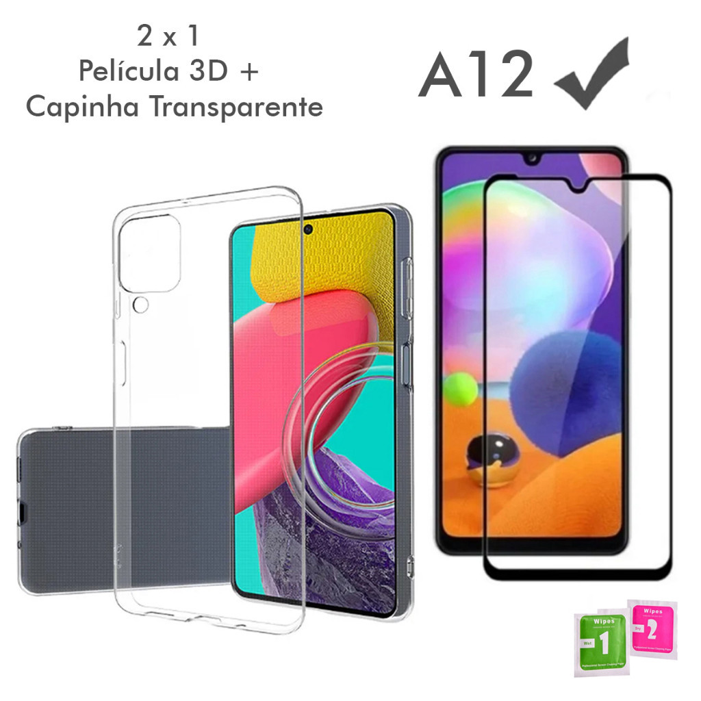 Capa de Silicone Capa Case Capinha Anti Shock transparente Samsung Galaxy A12 + Película Vidro 3D