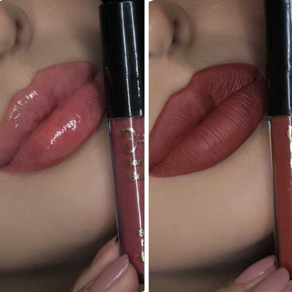 Kit Labial Hannah Beauty Batom Matte Sarah Marrom + Gloss Sofhia Rosa Claro Efeito Volumoso Vegano