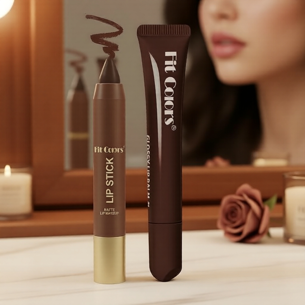 Kit Lápis e Óleo Labial Natural Brown Fit Colors - Conjunto Nude Matte para Volume