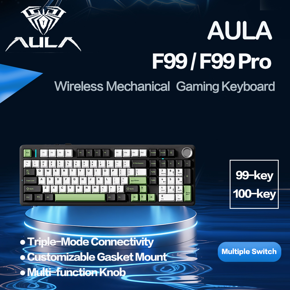 Teclado Mecânico AULA F99 Tri-Modo, Bluetooth sem Fio, RGB, Troca a quente, Gasket Mounted, 99 Teclas, Personalizável,