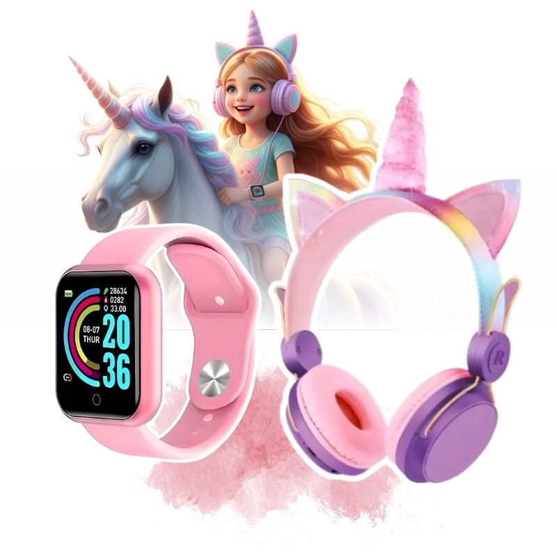 Kit Head-Mounted Bluetooth Sem Fio + D20 Rosa Fone Infantil - Fofinho, Colorido e Seguro! um presente engraçado！