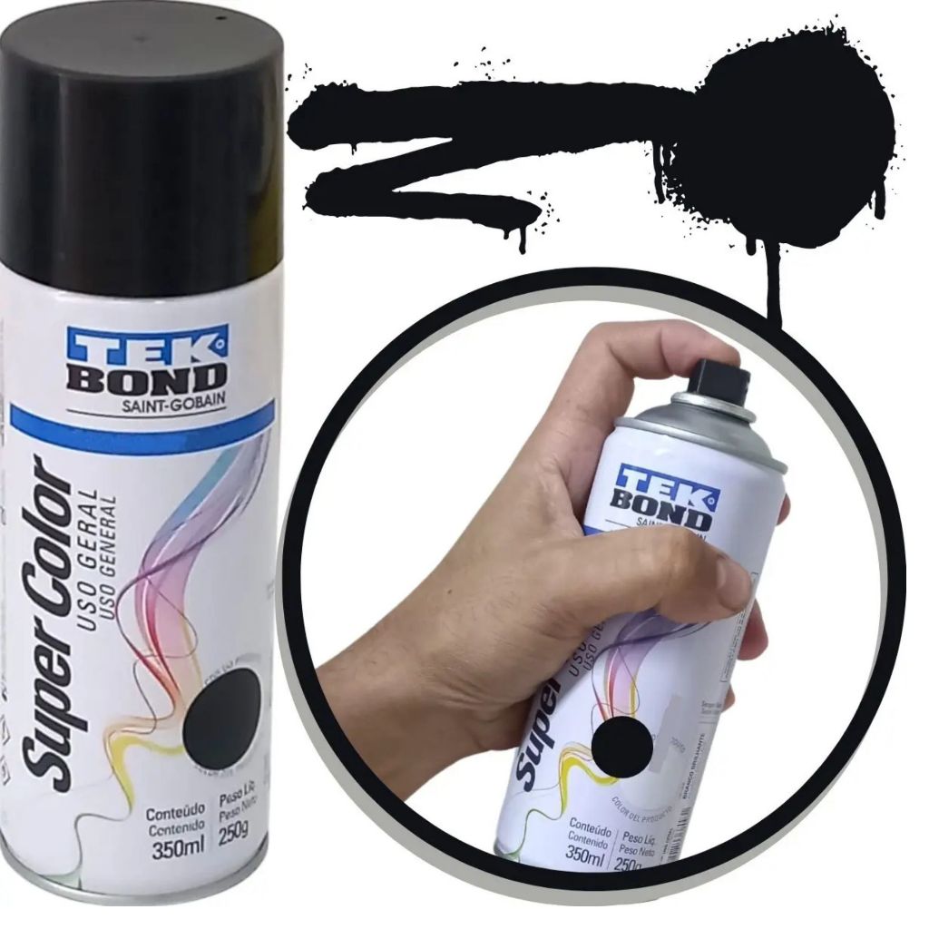 Tinta Spray Super Color para uso geral 350ml Tekbond Preto Brilhante